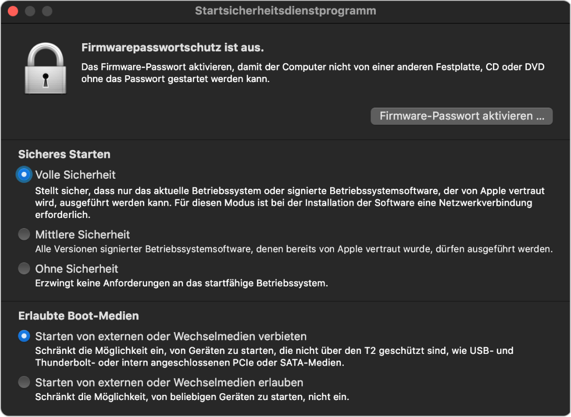 Das Fenster des Startsicherheitsdienstprogramms mit einer Notiz zum Firmwarepasswortschutz. Darauf folgen drei Sicherheitsoptionen unter dem Abschnitt „Sicheres Starten“ und zwei Sicherheitsoptionen unter dem Abschnitt „Erlaubte Boot-Medien“.