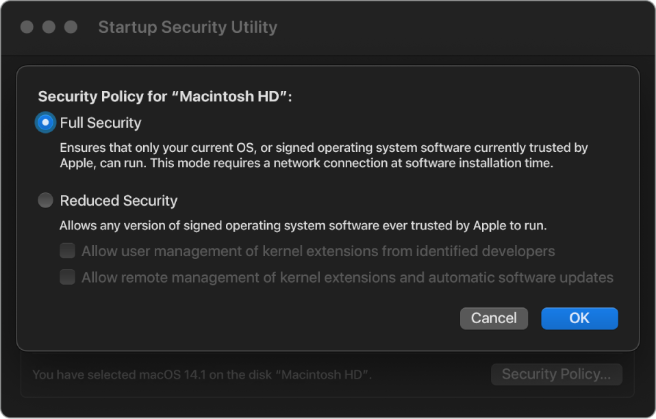 A security policy picker pane in Startup Security Utility, with Full Security selected for the volume Macintosh HD.