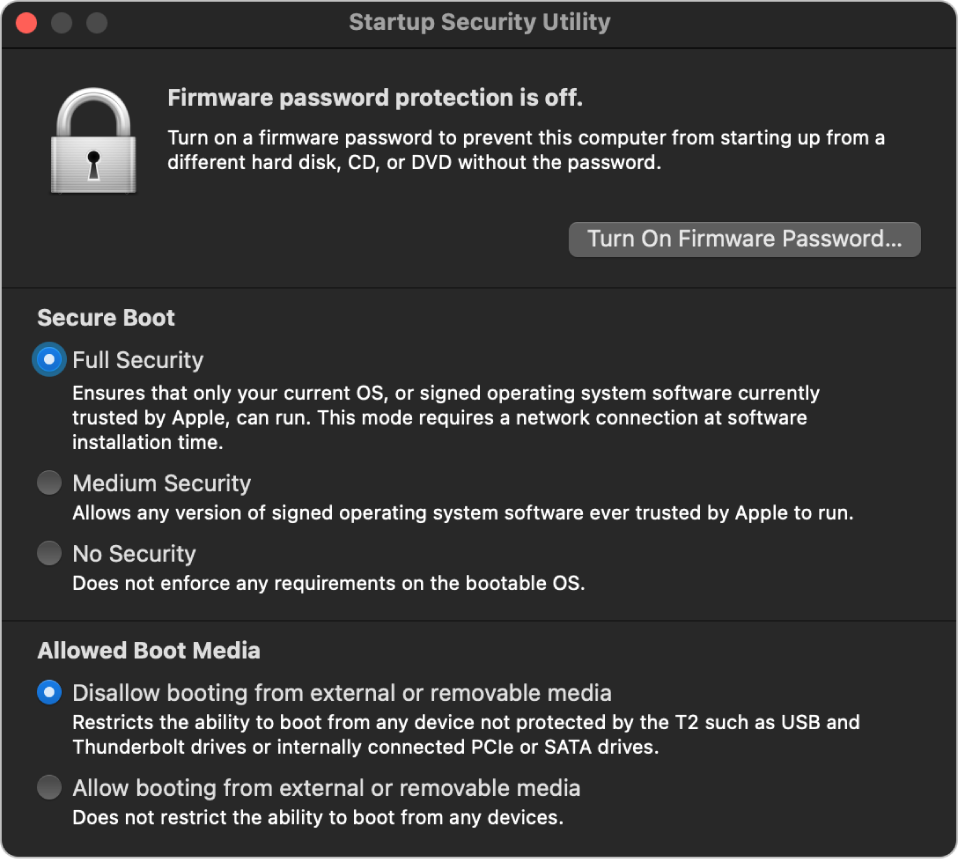The Startup Security Utility window, showing a note about firmware password protection, followed by three security options under the “Secure Boot” section and two security options under the “Allowed Boot Media” section.