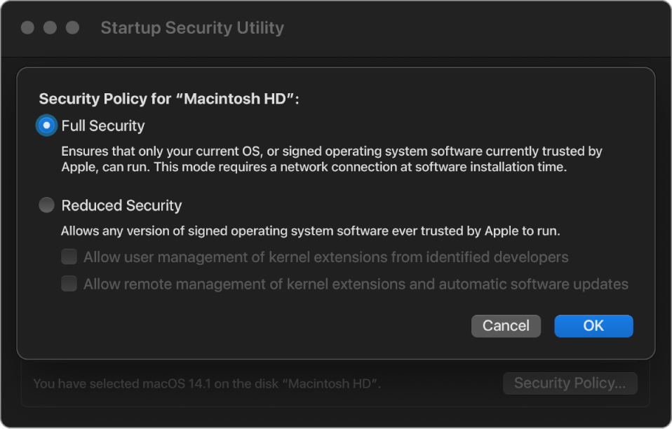 A security policy picker pane in Startup Security Utility, with Full Security selected for the volume Macintosh HD.
