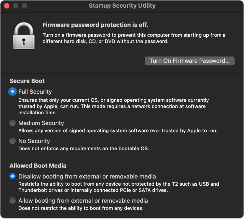 The Startup Security Utility window, showing a note about firmware password protection, followed by three security options under the Secure Boot section and two security options under the Allowed Boot Media section.