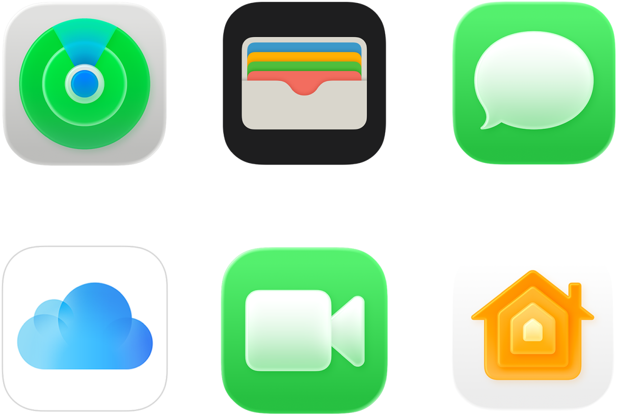 Symbols for six of the services that Apple offers: Find My, Apple Wallet, iMessage, iCloud, FaceTime, and Home.