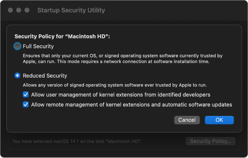 A security policy picker pane in Startup Security Utility, with Reduced Security policy selected for the volume Macintosh HD.