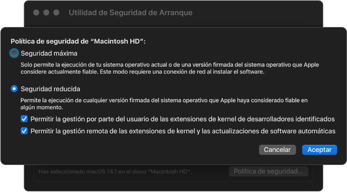 Panel de selección de políticas de seguridad en “Utilidad de seguridad de arranque”, con la política “Seguridad reducida” seleccionada para el volumen Macintosh HD.