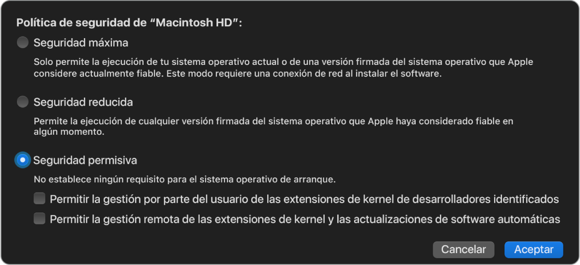 Panel de selección de políticas de seguridad en “Utilidad de seguridad de arranque”, con la opción “Seguridad permisiva” seleccionada para el volumen Macintosh HD.