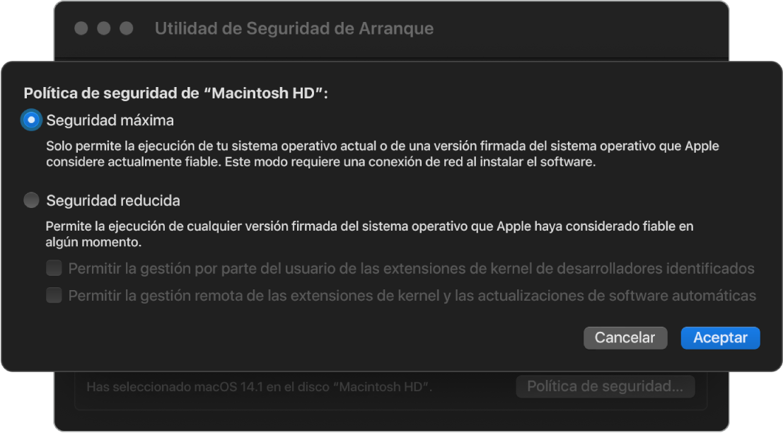 Panel de selección de políticas de seguridad en “Utilidad de seguridad de arranque”, con la opción “Seguridad máxima” seleccionada para el volumen Macintosh HD.