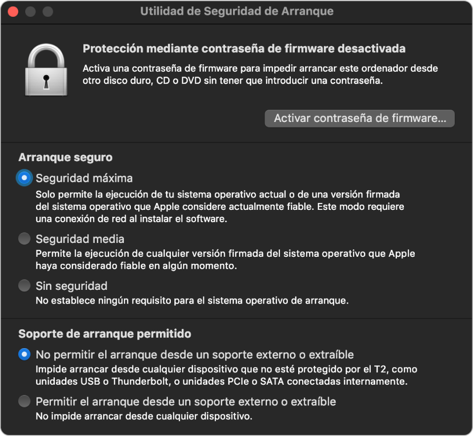 Ventana de “Utilidad de seguridad de arranque”, con una nota sobre la protección mediante contraseña de firmware, seguida por tres opciones de seguridad debajo de la sección “Arranque seguro” y dos opciones de seguridad debajo de la sección “Soporte de arranque permitido”.