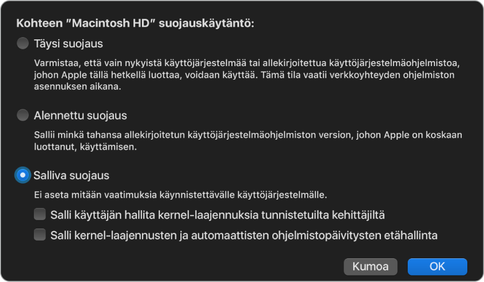 Suojauskäytännön valitsimen osio Käynnistyksen suojaustyökalussa. Valittuna on Salliva suojaus ‑käytäntö taltiolle Macintosh HD.