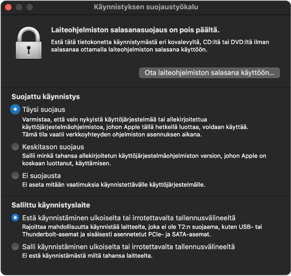 Käynnistyksen suojaustyökalun ikkuna, jossa näkyy viesti laiteohjelmiston salasanasuojauksesta, ja sen alla ovat kolme suojausvaihtoehtoa Suojattu käynnistys ‑osiossa ja kaksi suojausvaihtoehtoa Sallittu käynnistyslaite ‑osiossa.