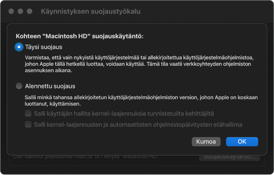Suojauskäytännön valitsimen osio Käynnistyksen suojaustyökalussa. Valittuna on Täysi suojaus taltiolle Macintosh HD.