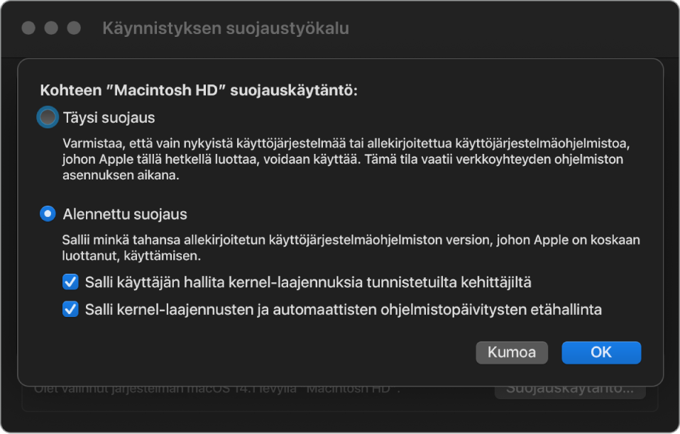 Suojauskäytännön valitsimen osio Käynnistyksen suojaustyökalussa. Valittuna on Alennettu suojaus ‑käytäntö taltiolle Macintosh HD.