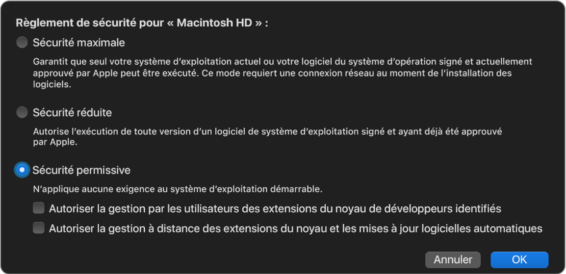 Une sous-fenêtre de sélecteur de politique de sécurité dans l’utilitaire Sécurité au démarrage, avec le règlement Sécurité permissive sélectionné pour le volume Macintosh HD.