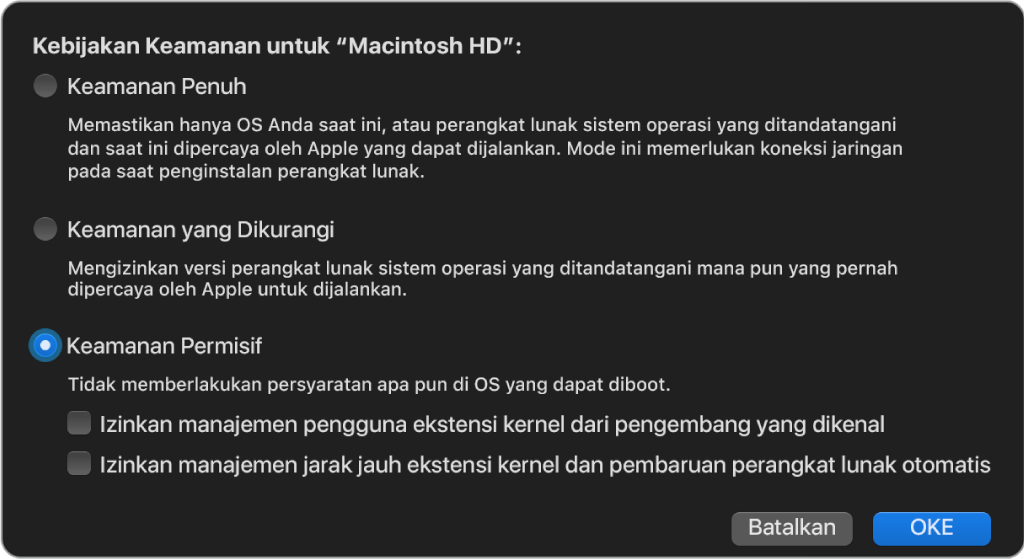 Panel pemilih kebijakan keamanan di Utilitas Keamanan Mulai, dengan kebijakan Keamanan Permisif dipilih untuk volume Macintosh HD.