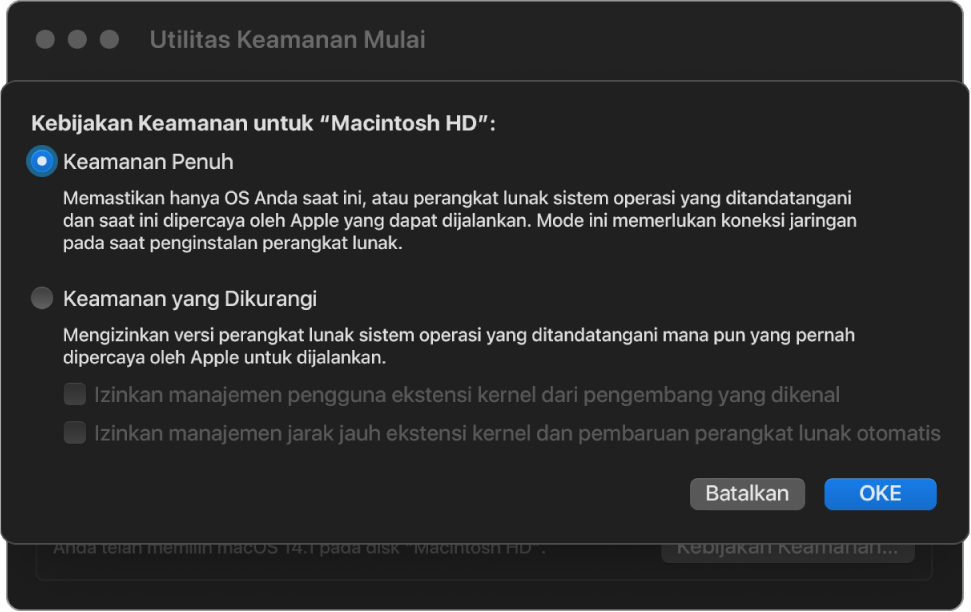 Panel pemilih kebijakan keamanan di Utilitas Keamanan Mulai, dengan Keamanan Penuh dipilih untuk volume Macintosh HD.