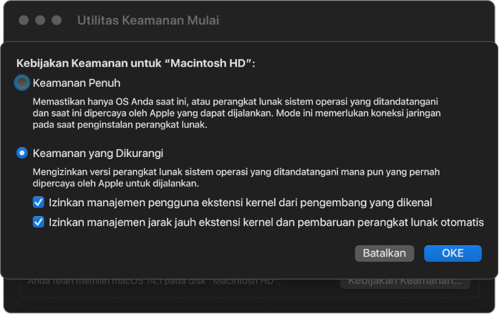 Panel pemilih kebijakan keamanan di Utilitas Keamanan Mulai, dengan kebijakan Keamanan Dikurangi dipilih untuk volume Macintosh HD.