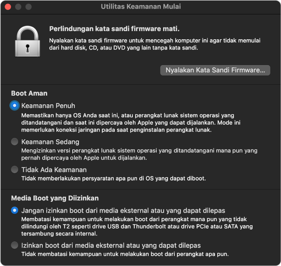 Jendela Utilitas Keamanan Mulai, menampilkan catatan mengenai perlindungan kata sandi firmware, diikuti oleh tiga pilihan keamanan di bawah bagian Boot Aman dan dua pilihan keamanan di bawah bagian Media Boot yang Diizinkan.