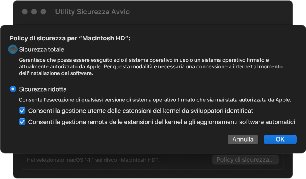 Pannello del selettore della politica di sicurezza in Utility Sicurezza Avvio, con l’opzione “Sicurezza ridotta” selezionata per il volume “Macintosh HD”.