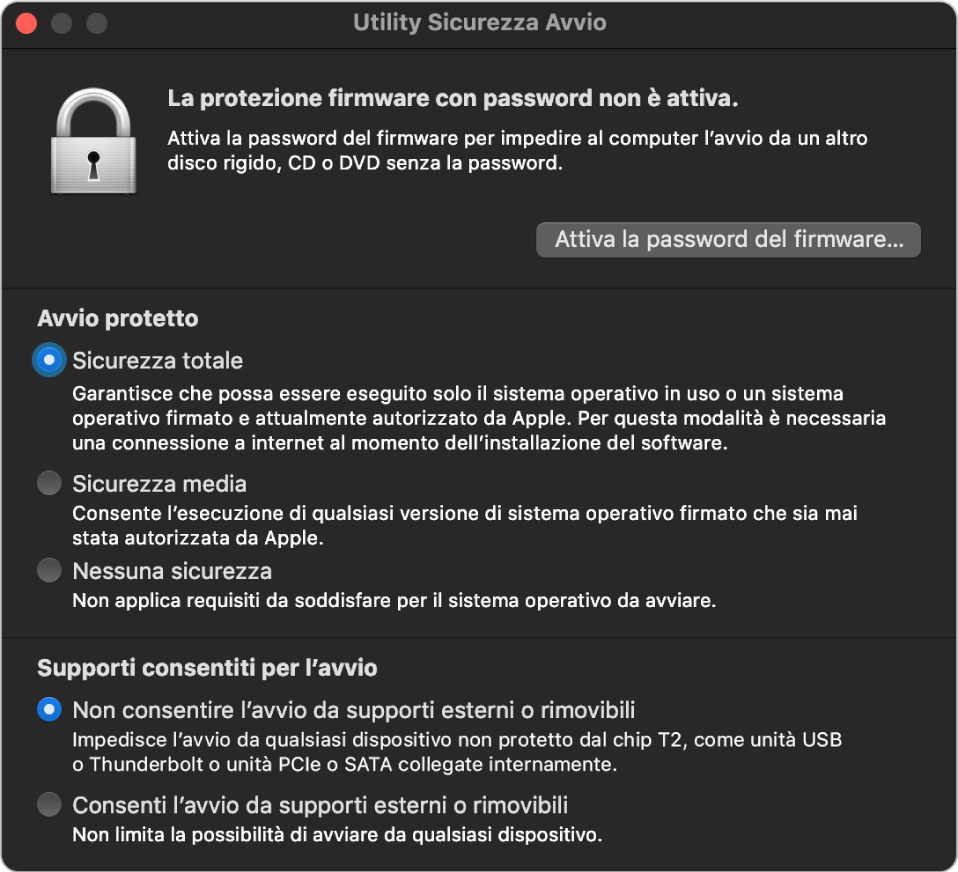 Finestra di Utility Sicurezza Avvio, che mostra una nota relativa alla protezione della password del firmware, seguita da tre opzioni di sicurezza nella sezione “Avvio protetto” e due opzioni nella sezione “Supporti consentiti per l’avvio”.