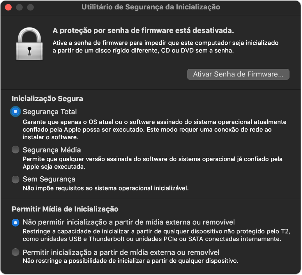 Janela do Utilitário de Segurança da Inicialização, mostrando uma nota sobre a proteção da senha de firmware, seguida por três opções de segurança abaixo da seção Inicialização Segura e duas opções de segurança abaixo da seção Permitir Mídia de Inicialização.