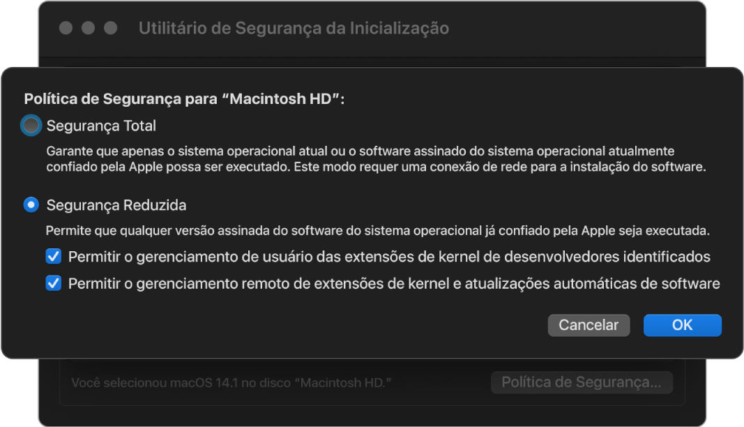 Painel do seletor de política de segurança no Utilitário de Segurança da Inicialização, com a política Segurança Reduzida selecionada para o volume Macintosh HD.