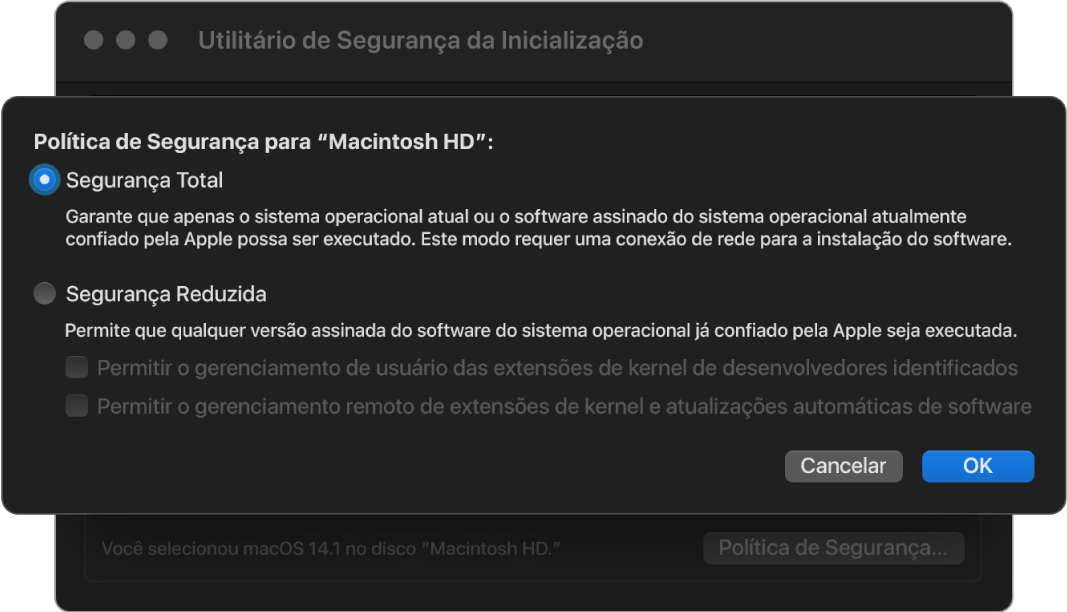 Painel do seletor de política de segurança no Utilitário de Segurança da Inicialização, com Segurança Total selecionado para o volume Macintosh HD.