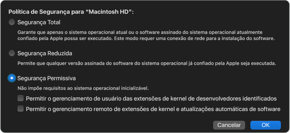 Painel do seletor de política de segurança no Utilitário de Segurança da Inicialização, com a política Segurança Permissiva selecionada para o volume Macintosh HD.
