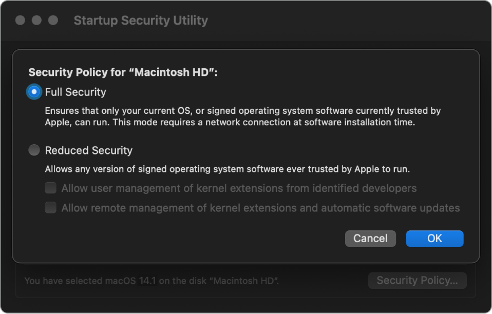 A security policy picker pane in Startup Security Utility, with Full Security selected for the volume Macintosh HD.