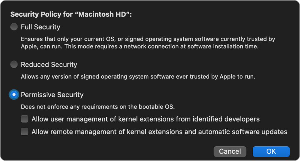 A security policy picker pane in Startup Security Utility, with Permissive Security policy selected for the volume Macintosh HD.