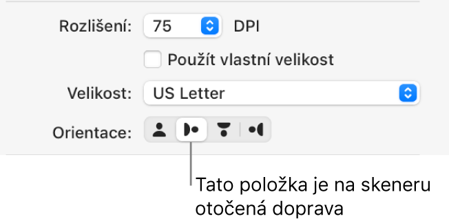 Tlačítka Orientace v okně Skener. Zvýrazněné tlačítko ukazuje, že položka je na skeneru otočená doprava.