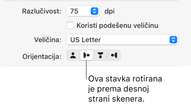 Tipke Orijentacije u prozoru Skenera. Istaknuta tipka označava da je stavka rotirana udesno na skeneru.