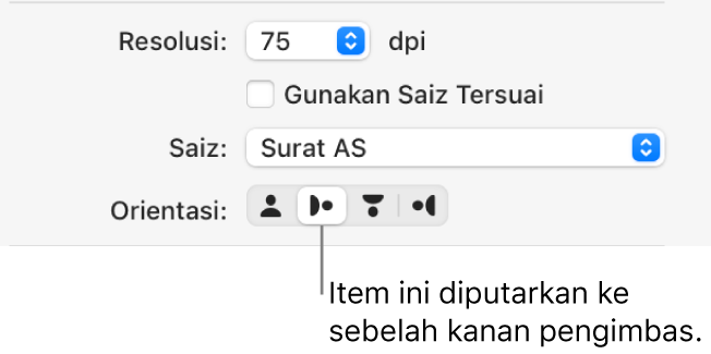 Butang Orientasi dalam tetingkap Pengimbas. Butang yang diserlahkan menunjukkan bahawa item diputarkan ke sebelah kanan pada pengimbas.