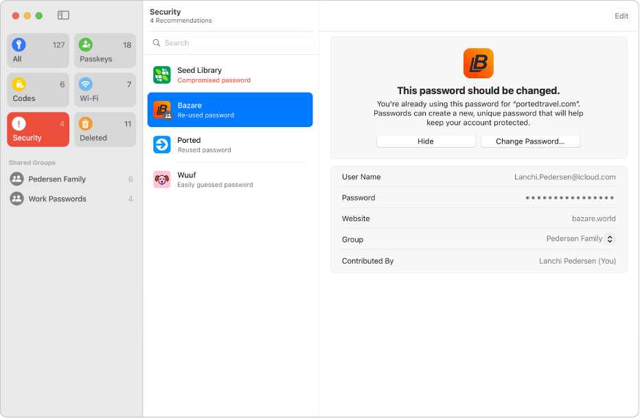パスワードアプリのメイン画面。左側のサイドバーにパスワードの種類(「セキュリティ」が選択された状態)、中央にセキュリティ上の懸念があるパスワードアカウントのリスト(「Bazare」が選択された状態)、右側に「Bazare」アカウントのセキュリティ上の懸念についての詳細が表示されています。