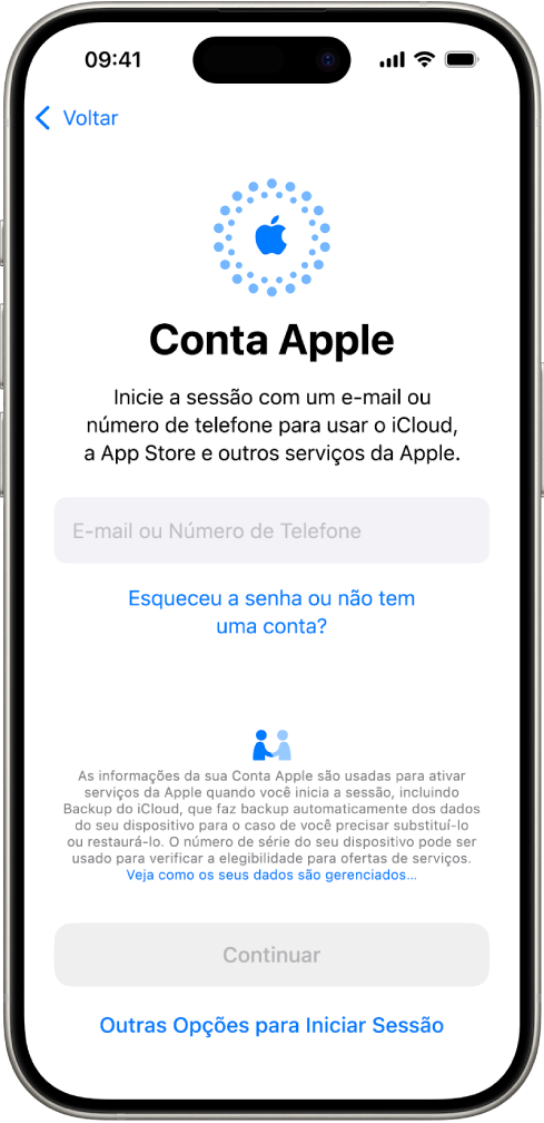 Tela de início de sessão da Conta Apple