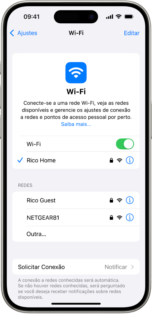 A tela de opções de Wi‑Fi nos Ajustes. O Wi‑Fi está ativado e uma rede está selecionada.