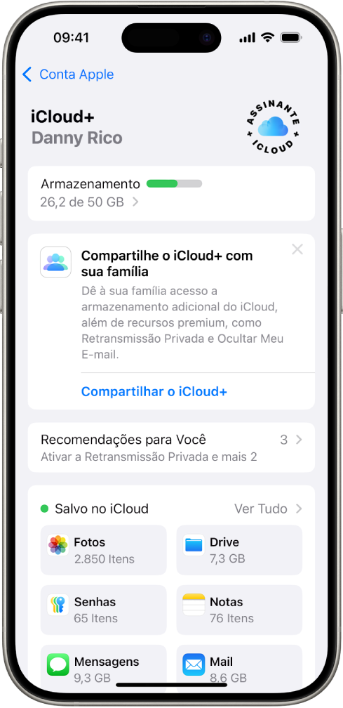 Tela dos ajustes do iCloud mostrando o medidor de armazenamento do iCloud e uma lista de apps e recursos, incluindo Fotos, iCloud Drive e Mail do iCloud, que podem ser usados com o iCloud.