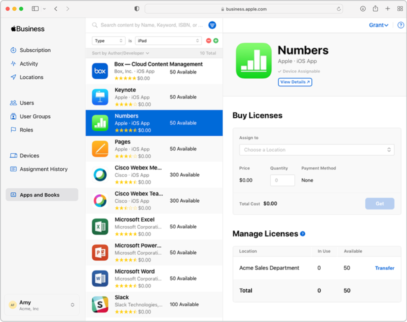 La ventana de Apple Business Manager mostrando “Apps y libros” seleccionado en la barra lateral, debajo de Contenido. El panel seleccionado es para comprar y gestionar licencias de la app Numbers.