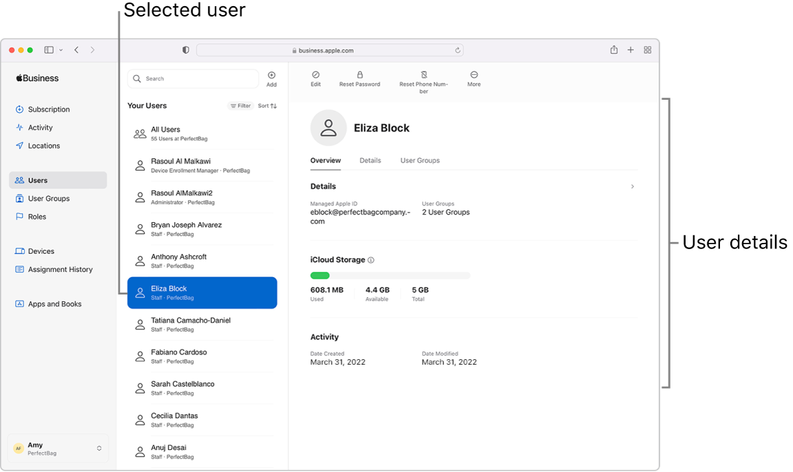 サイドバーで「ユーザ」が選択されたApple Business Managerのウインドウ。1人のユーザが選択され、そのユーザに関する情報が表示されます。