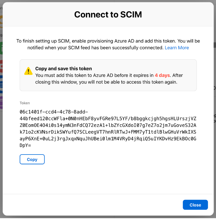 تنبيه بعنوان "الاتصال بـ OIDC"، موضح به رمز مميز (يلزم نسخه إلى Microsoft Entra ID) وزر إغلاق.