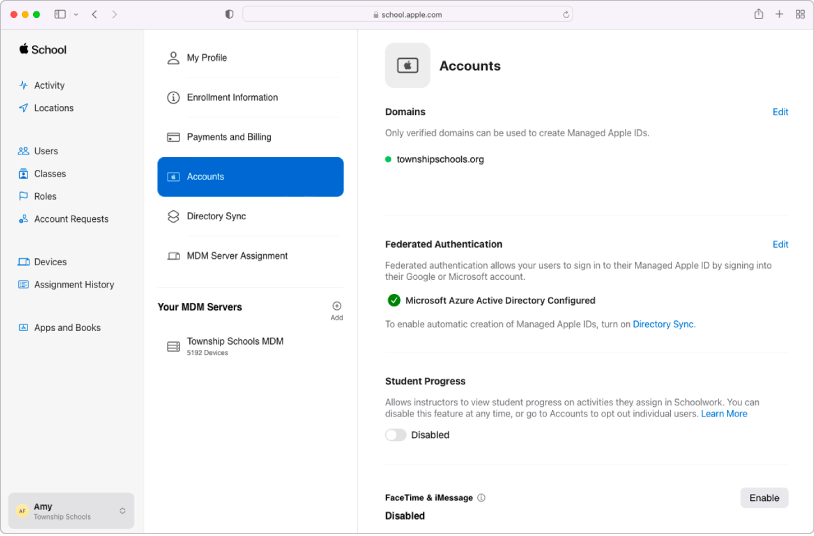Origem de dados do Apple School Manager a mostrar uma ligação de diretório.