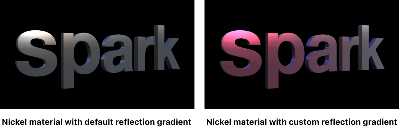 Canvas mit 3D-Text mit dem Standard-Nickelreflexionsverlauf und einem geänderten Nickelreflexionsverlauf