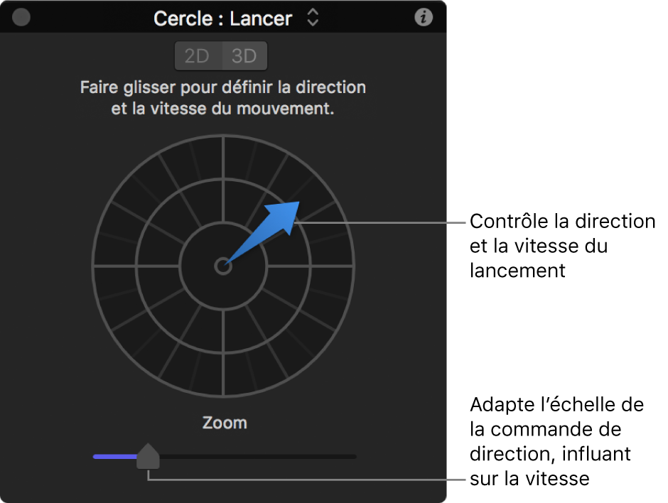 Palette affichant les commandes du comportement Lancer en mode 2D