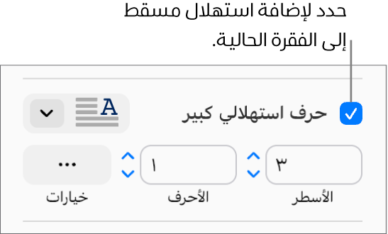 خانة اختيار الحرف الاستهلالي الكبير محددة، وتظهر قائمة منبثقة على يسارها؛ تظهر عناصر التحكم لإعداد ارتفاع السطر وعدد الأحرف والخيارات الأخرى أسفلها.