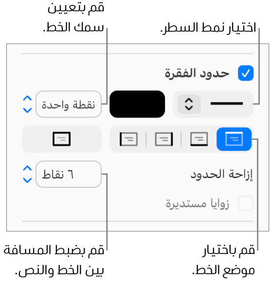 خانة اختيار "حدود الفقرة" محددة في علامة تبويب "التخطيط" في الشريط الجانبي "التنسيق"، وتظهر عناصر التحكم لتغيير نمط السطر ولونه وسُمكه وموضعه، كما يظهر خيار الإزاحة من النص أسفل خانة الاختيار.