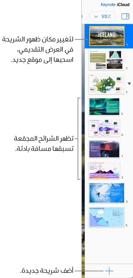 متصفح الشرائح في إصدار Keynote لـ iCloud مفتوح في الشريط الجانبي الأيمن، ويعرض خمس شرائح في العرض التقديمي. يوجد زر إضافة شريحة جديدة في الجزء السفلي من الشريط الجانبي.