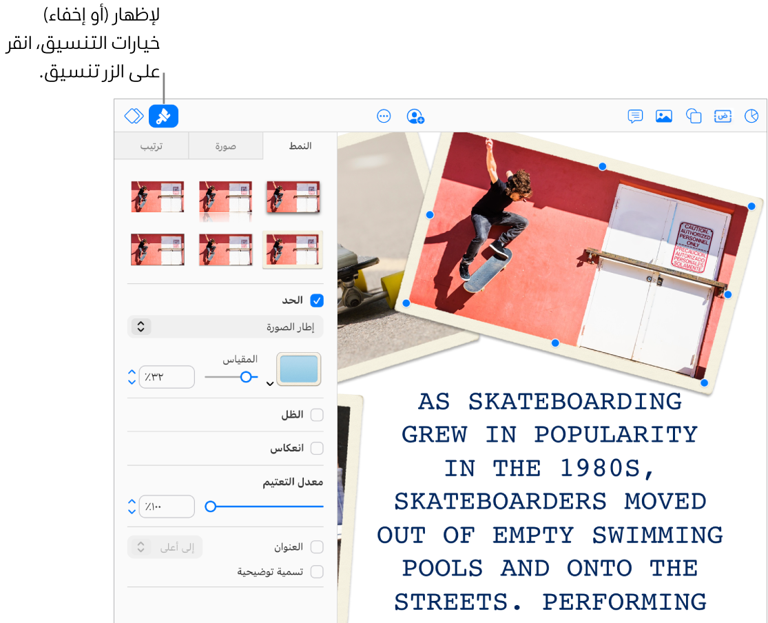 تُحدَّد صورة في عرض تقديمي، وتظهر عناصر التحكم لتغيير مظهرها (على سبيل المثال، خانتا الاختيار "حد" و"ظل") في الشريط الجانبي على اليسار.