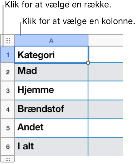En valgt tabelrække med billedtekster til række- og kolonnemarkeringerne.