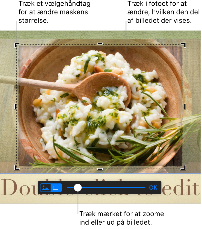 Et valgt billede med værktøjer til afmaskning vist nederst. Billedteksterne angiver et vælgehåndtag i hjørnet, billedgrænsen og maskemærket på værktøjspanelet.