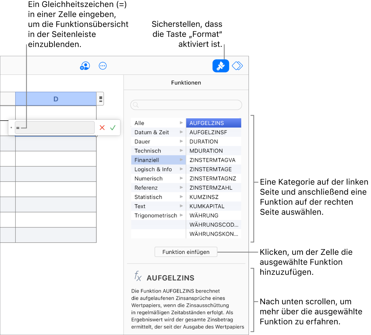 Ein Gleichheitszeichen erscheint in einer Tabellenzelle, die Taste „Format“ ist in der Symbolleiste ausgewählt und die Funktionsübersicht erscheint in der rechten Seitenleiste „Format“. Die Absolutwertfunktion ist ausgewählt. Unter der Liste der Funktionen erscheint eine Beschreibung der Funktion.