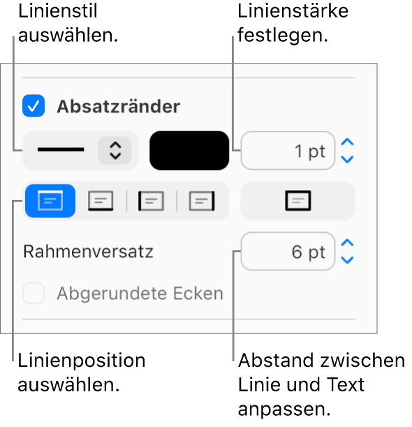 Das Markierungsfeld „Absatzrahmen“ ist im Tab „Layout“ in der Seitenleiste „Format“ aktiviert, und unter dem Markierungsfeld erscheinen Steuerelemente zum Ändern von Linienart,-farbe, -stärke, -position und -versatz.
