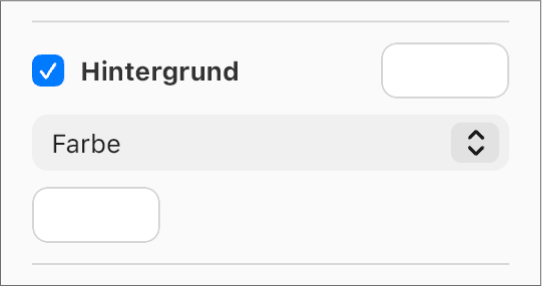 Das Markierungsfeld „Hintergrund“ in der Seitenleiste ist aktiviert und das Feld mit der vordefinierten Farbe rechts neben dem Markierungsfeld ist mit Weiß gefüllt. Unter dem Markierungsfeld ist in einem Einblendmenü „Farbe“ ausgewählt und darunter ist das Feld mit der eigenen Farbe mit weiß gefüllt.